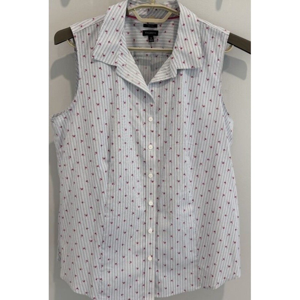 Talbots‎ Non Iron Sleeveless Button Front Shirt Blue Stripe Pink Palm Trees 12